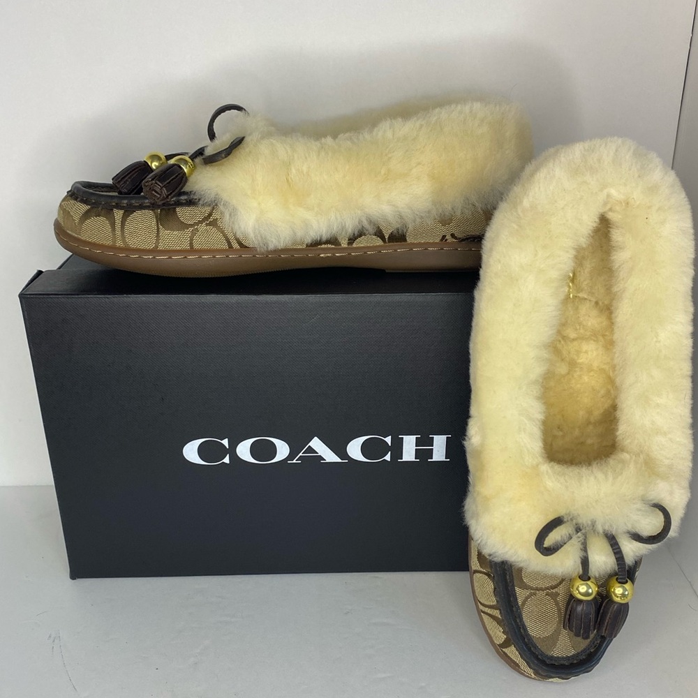 Coach Fiona Signature & Leather Shear Lined Moccasin Slippers House Shoes